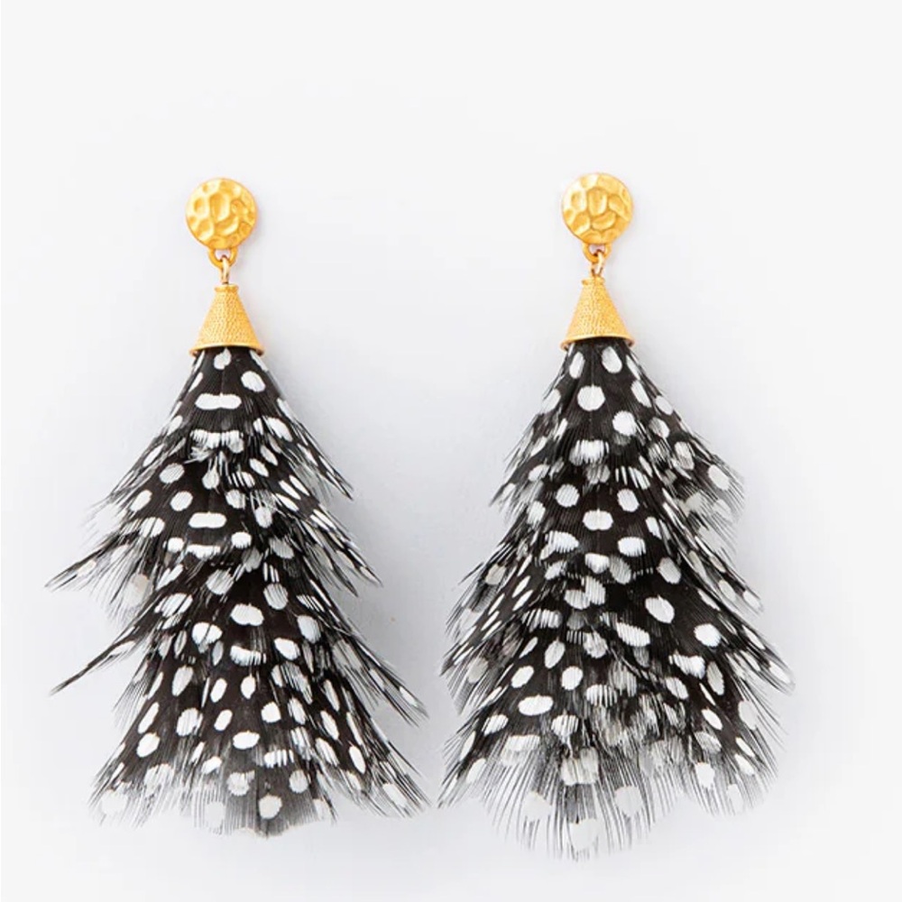 Gold Top Black & White Feather Drop Earrings